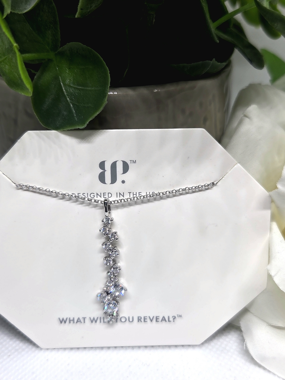 BP Silver Diamond CZ Cascade Pendant Necklace On Rhodium